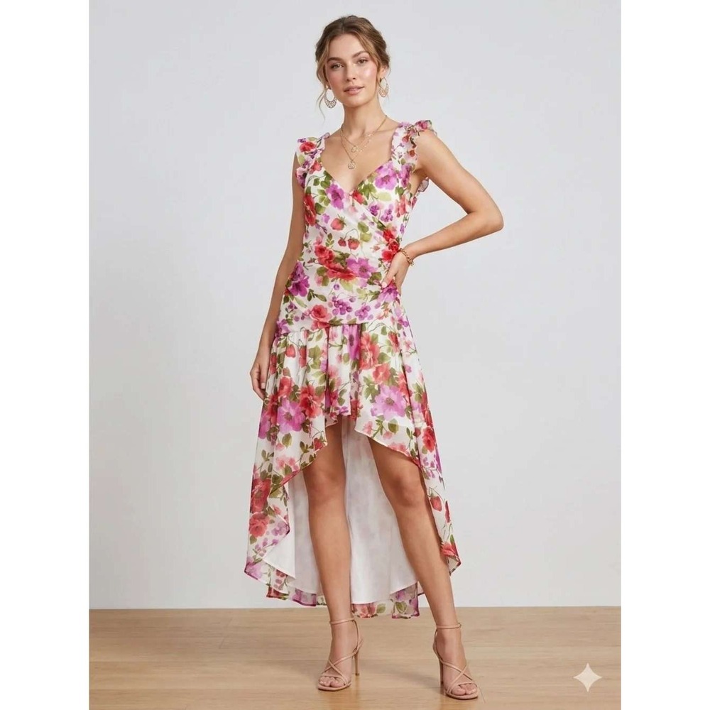 Abercrombie & Fitch High Low Ruffle Chiffon Maxi Dress Size L Floral Strawberry‎